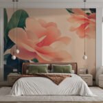 Papier peint – Fleurs corail stylisées sur fond crème