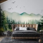 Papier peint – Forêt de sapins et collines pastel – W02150