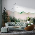 Papier peint – Forêt de sapins et collines pastel – W02150V1