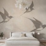 Papier peint – Silhouettes d’oiseaux sur fond beige