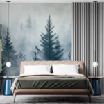 Papier peint – Sapins bleu grisé en aquarelle