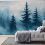 Papier peint – Sapins bleus dans une brume dense