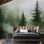 Papier peint – Sapins verts dans une brume dense