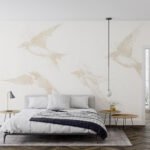 Papier peint – Oiseaux beiges au trait sur fond blanc