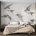Papier peint – Oiseaux en vol dessinés en noir et blanc