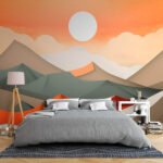 Papier peint – Montagnes géométriques sous ciel orange