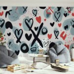 Papier peint – Cœurs et signes graphiques noirs et rouges