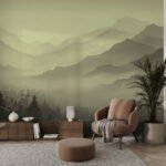 Papier peint – Montagnes vert olive dans la brume