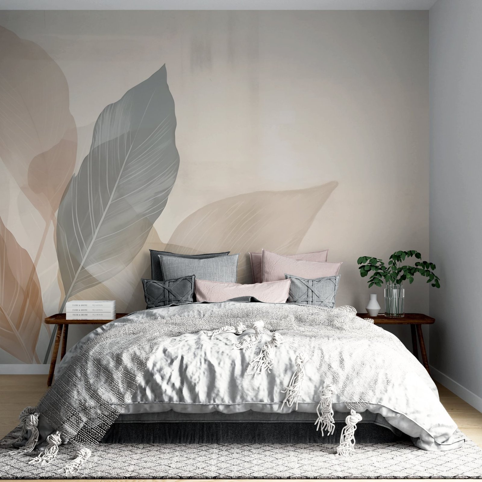 w02190pib697ms.jpg Papier peint – Grandes feuilles beige et gris – Image 1