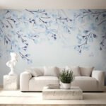 Papier peint – Branches feuillues bleues sur fond clair