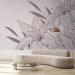Papier peint – Feuillages au trait brun sur fond rose