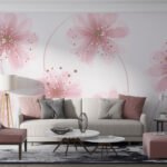 Papier peint – Fleurs roses aux pétales fins et cercles