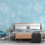 Papier peint – Fleurs au trait blanc sur fond bleu ciel