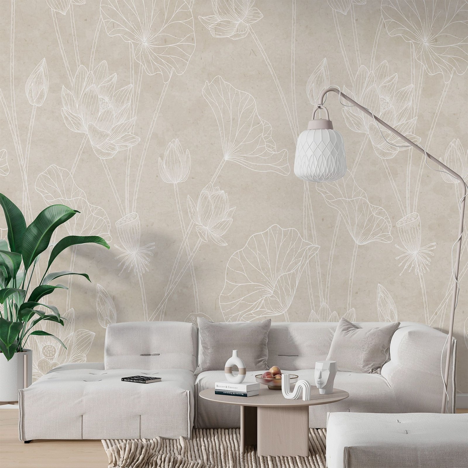 w02212v1pig65ms.jpg Papier peint – Fleurs au trait blanc sur fond beige – Image 1