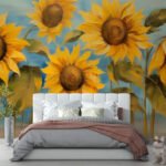 Papier peint – Tournesols jaunes sur fond bleu