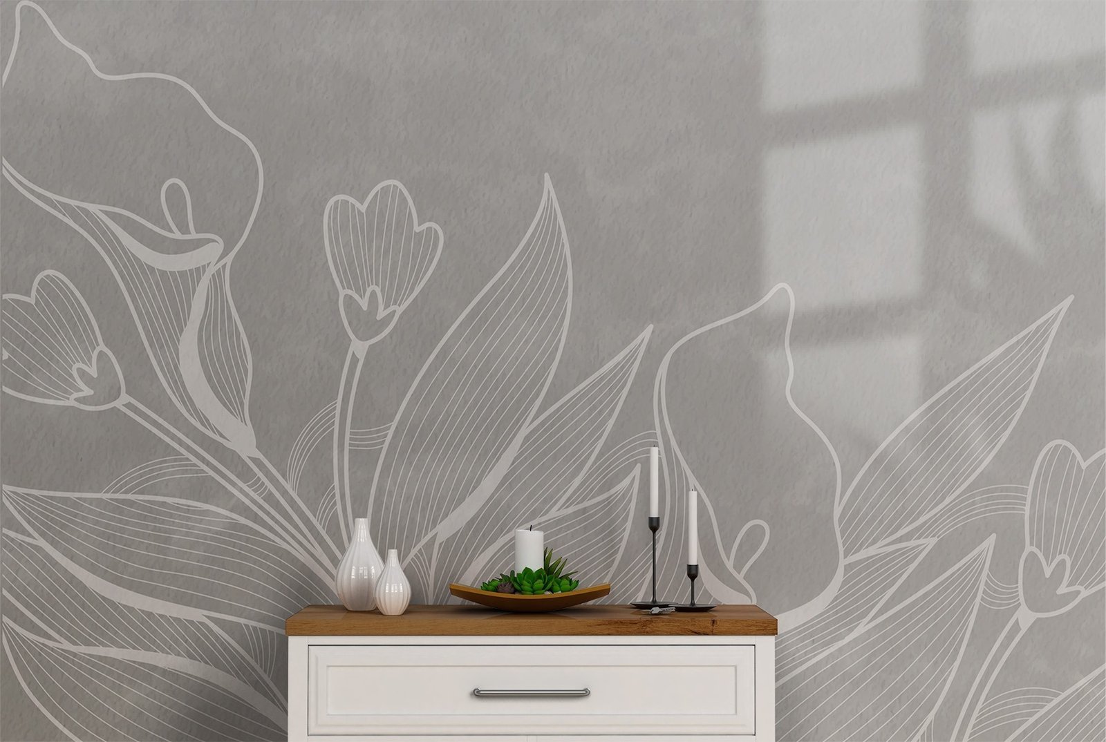 w02220pih65mr.jpg Papier peint – Grande fleur au trait blanc sur fond gris – Image 1