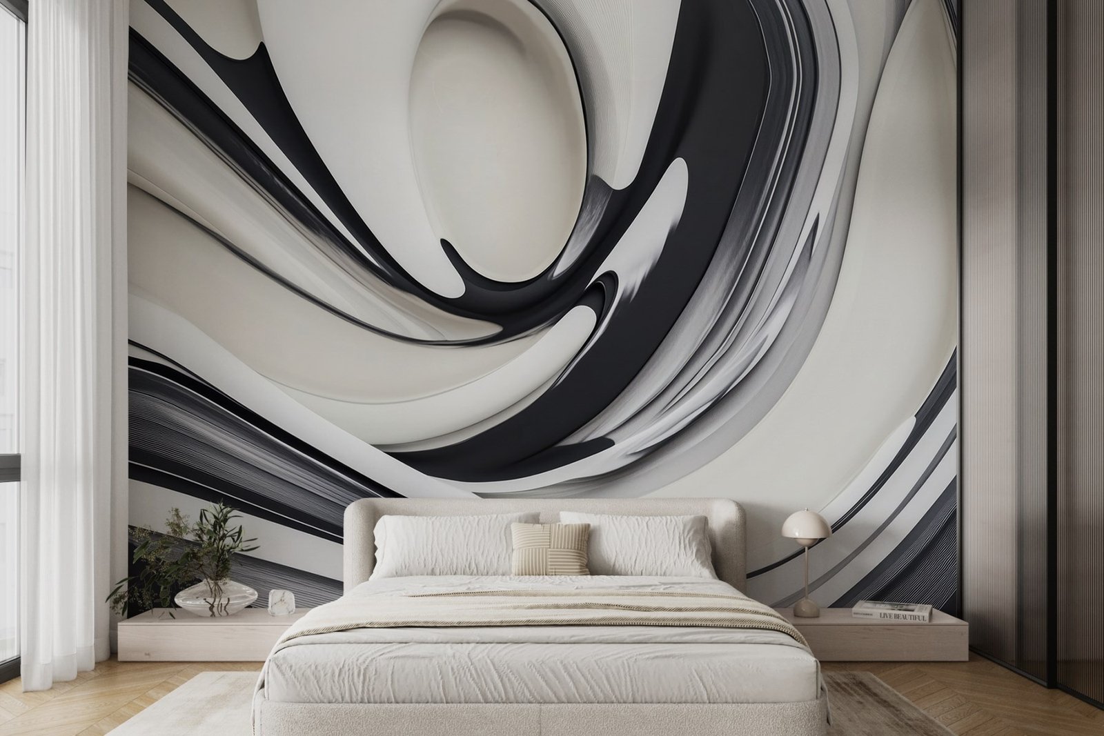 w02236pib4r.jpg Papier peint – Tourbillon abstrait noir et blanc – Image 1