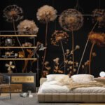 Papier peint – Fleurs séchées dorées sur fond noir