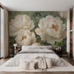 Papier peint – Roses crème sur fond vert