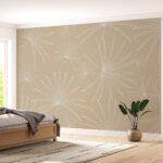 Papier peint – Feuillage blanc au trait sur fond beige – W02257