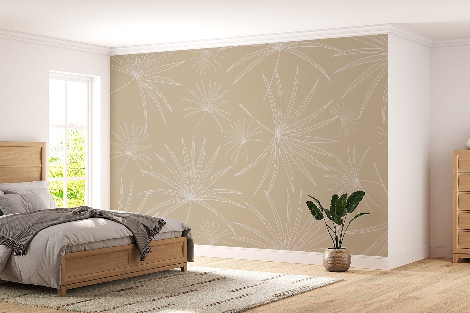 w02257pib65r.jpg Papier peint – Feuillage blanc au trait sur fond beige – W02257 – Image 1
