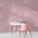 Papier peint – Feuillage blanc au trait sur fond rose – W02257V2