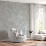 Papier peint – Feuilles blanches sur fond gris doux