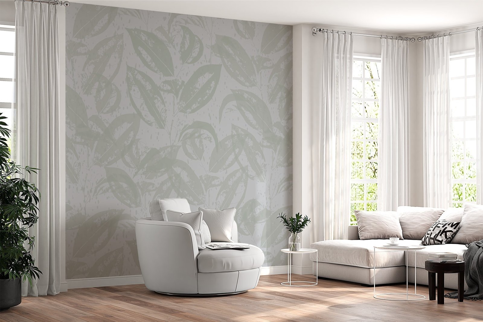 w02258v1pig28mr.jpg Papier peint – Feuilles blanches sur fond gris doux – Image 1