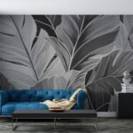 Papier peint – Feuillage gris au trait sur fond noir