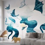 Papier peint – Raies bleues et formes aquatiques