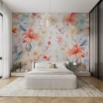 Papier peint – Fleurs orangées et blanches en aquarelle