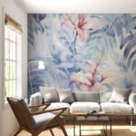 Papier peint – Feuillage tropical bleu et rose