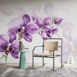 Papier peint – Orchidées violettes sur fond blanc