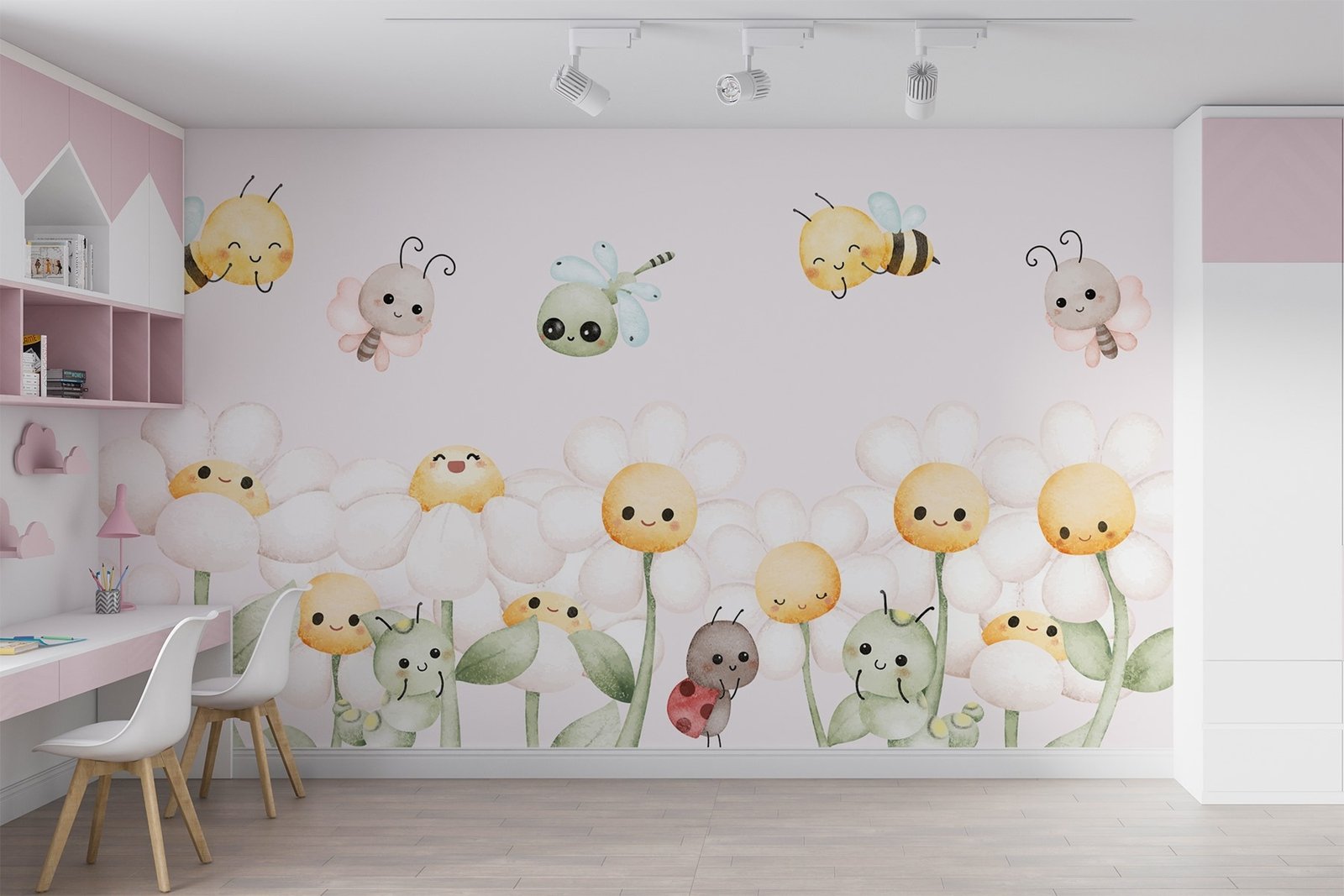 w02284pir3mr.jpg Papier peint – Fleurs souriantes et petits insectes – Image 1