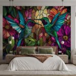 Papier peint – Colibris multicolores effet vitrail