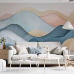 Papier peint – Vagues bleues, roses et dorées