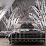 Papier peint – Feuilles blanches au trait sur fond brun