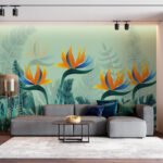 Papier peint – Oiseaux de paradis orange sur fond turquoise