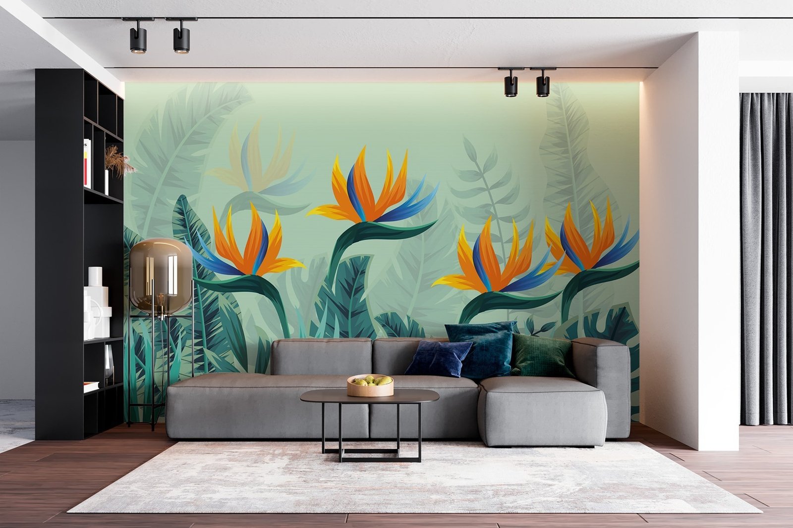 w02301pig6r.jpg Papier peint – Oiseaux de paradis orange sur fond turquoise – Image 1