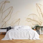 Papier peint – Feuilles dorées au trait sur fond blanc
