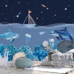 Papier peint – Baleines et coraux sous un ciel bleu étoilé