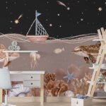 Papier peint – Baleines et coraux sous un ciel étoilé