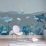 Papier peint – Baleines et coraux dans un océan bleu