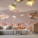 Papier peint – Baleines et coraux sur fond rose