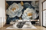 Papier peint – Roses crème sur fond bleu sombre