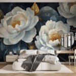 Papier peint – Roses crème sur fond bleu sombre