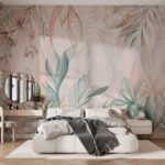 Papier peint – Feuillages pastel roses et turquoise