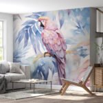 Papier peint – Perroquet rose et feuillage bleu