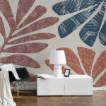 Papier peint – Feuilles graphiques terracotta et bleues
