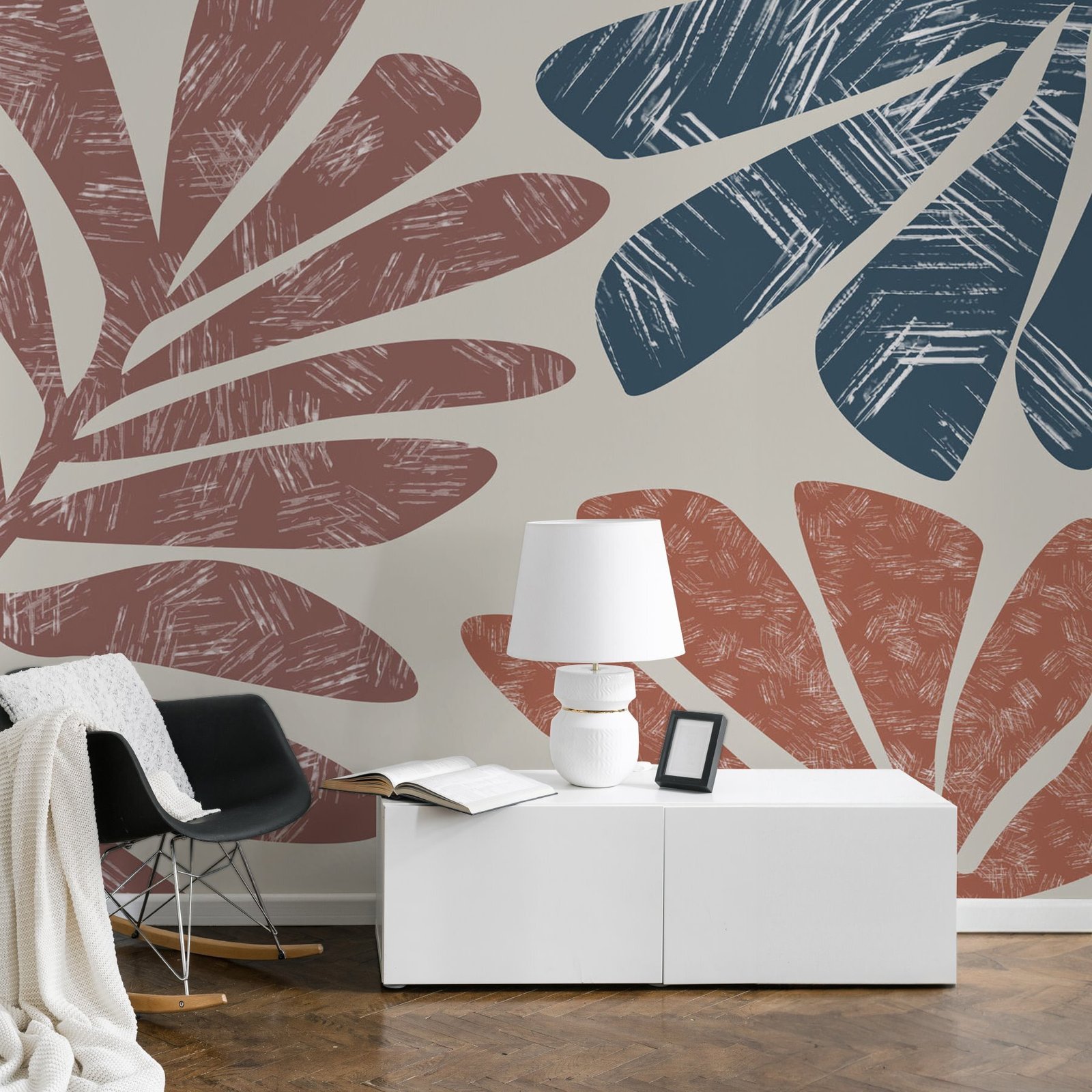 w02333pig13ms.jpg Papier peint – Feuilles graphiques terracotta et bleues – Image 1